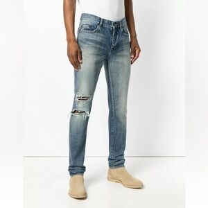Saint Laurent Men's Mid Blue Denim Knee Rip Distressed Skinny Jeans 28 $890